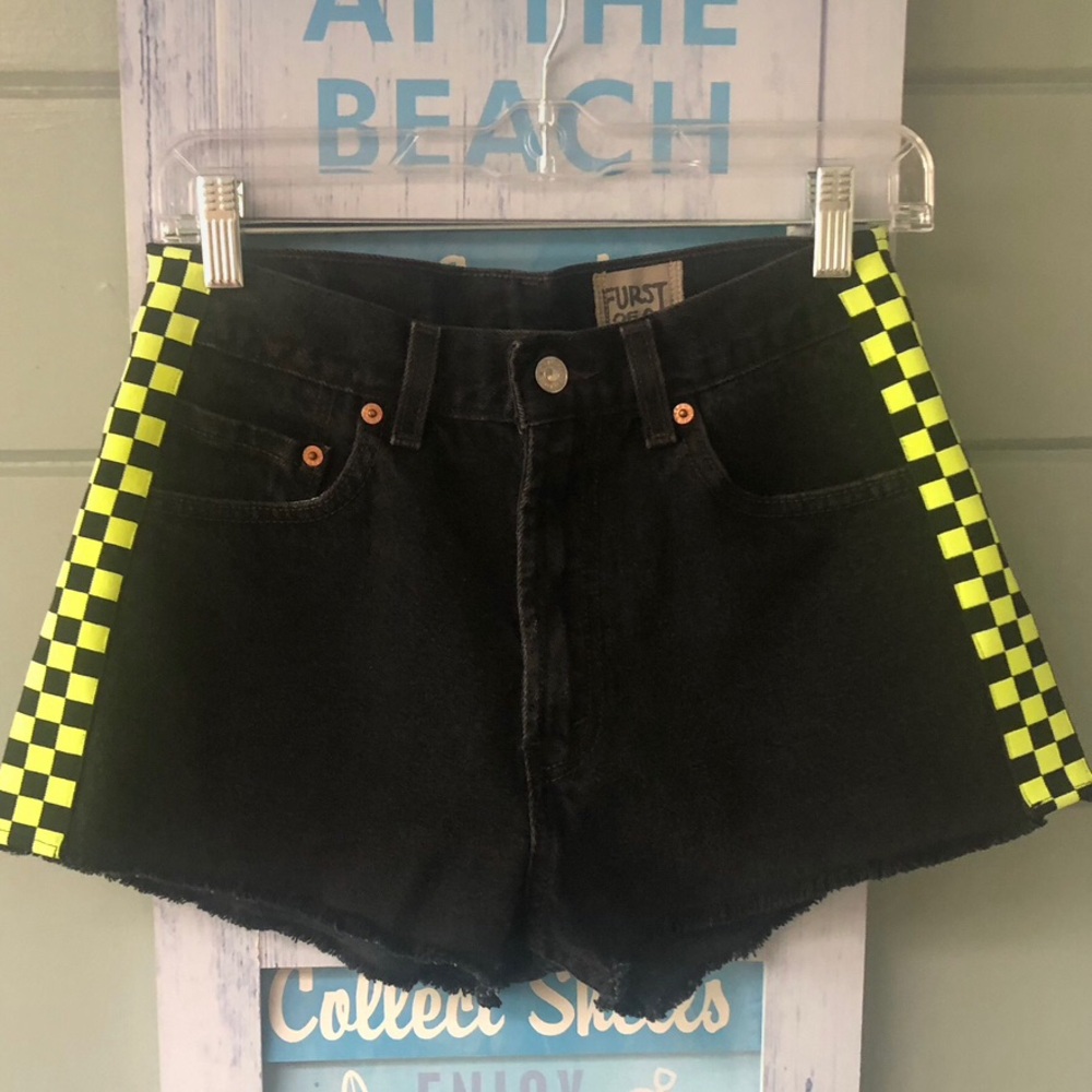 Furst of a kind vintage black denim jean shorts w/yellow side stripe small